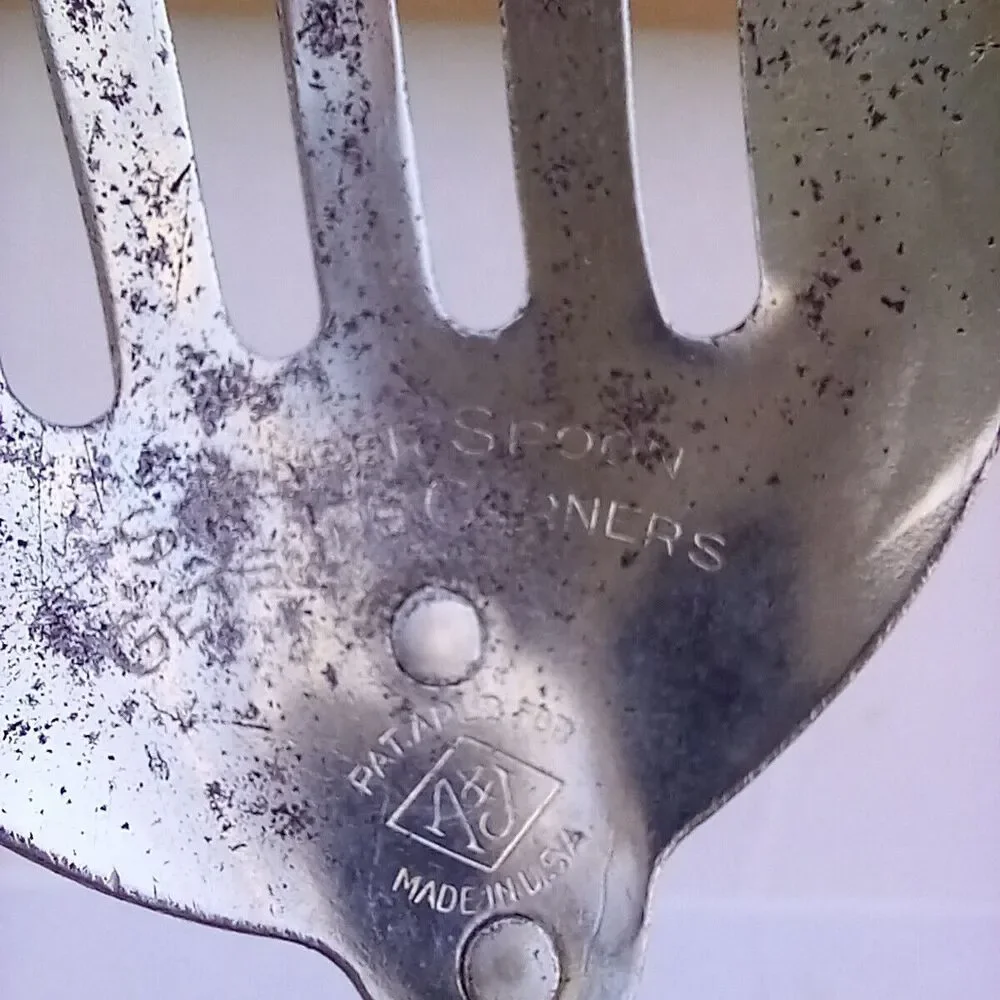 Vintage A&J Scraper Slotted Spoon-Stainless Steel-Wooden Handle-USA Made-Chippy